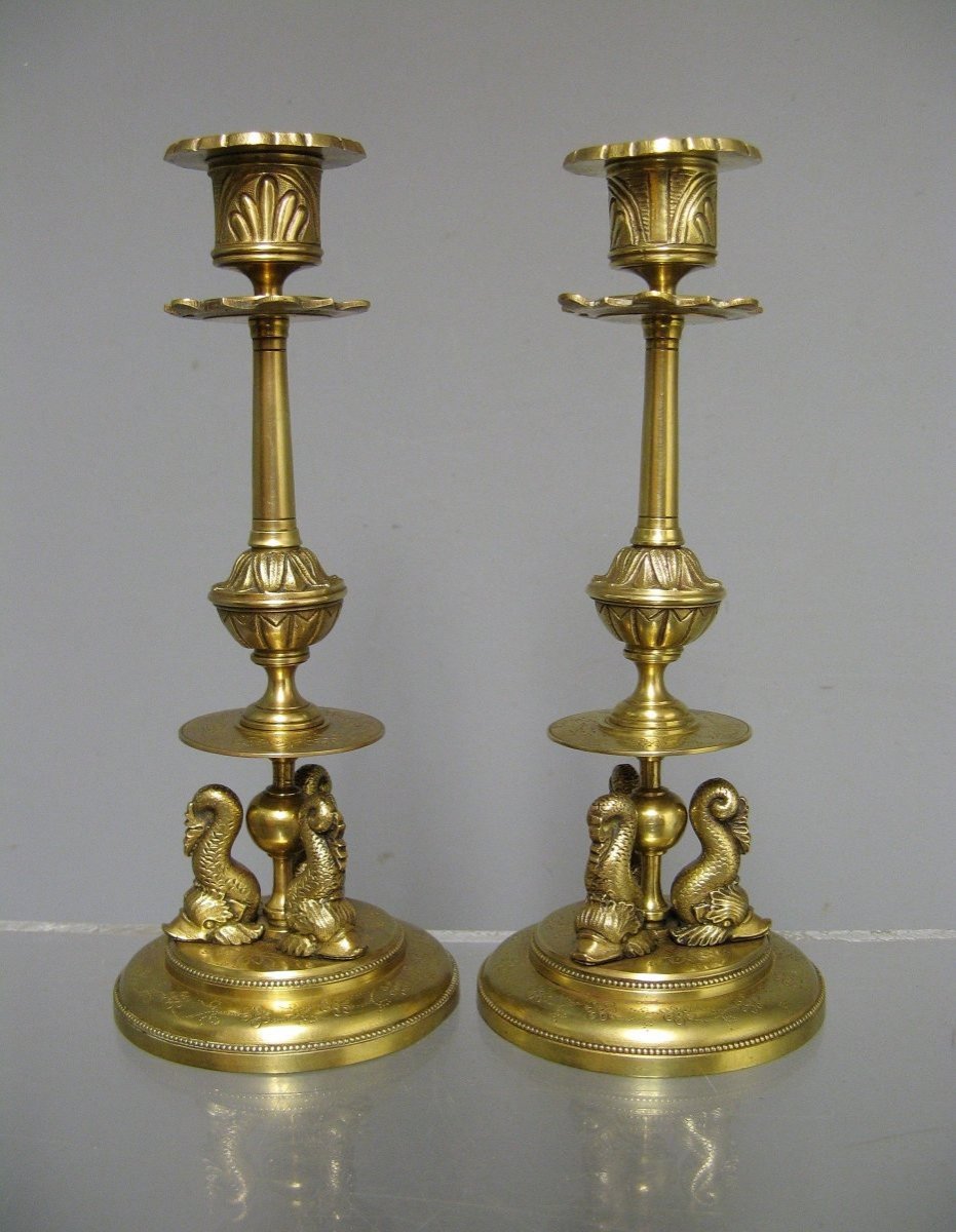 Paire De Bougeoirs Napoléon III En Laiton Ciselé, époque XIX ème.-photo-2