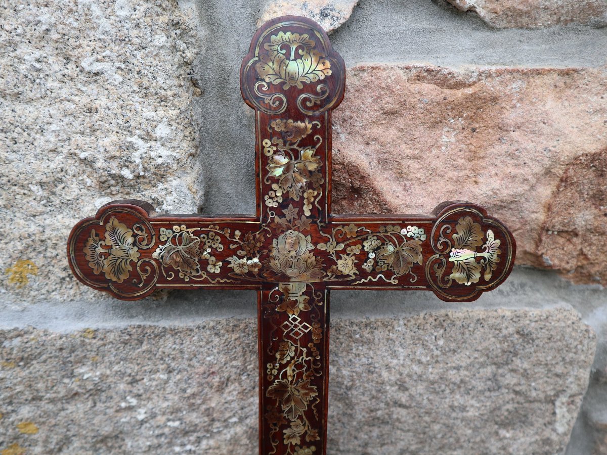 Wooden Cross Inlaid With Mother Of Pearl. Tonkin Circa 1900.-photo-2