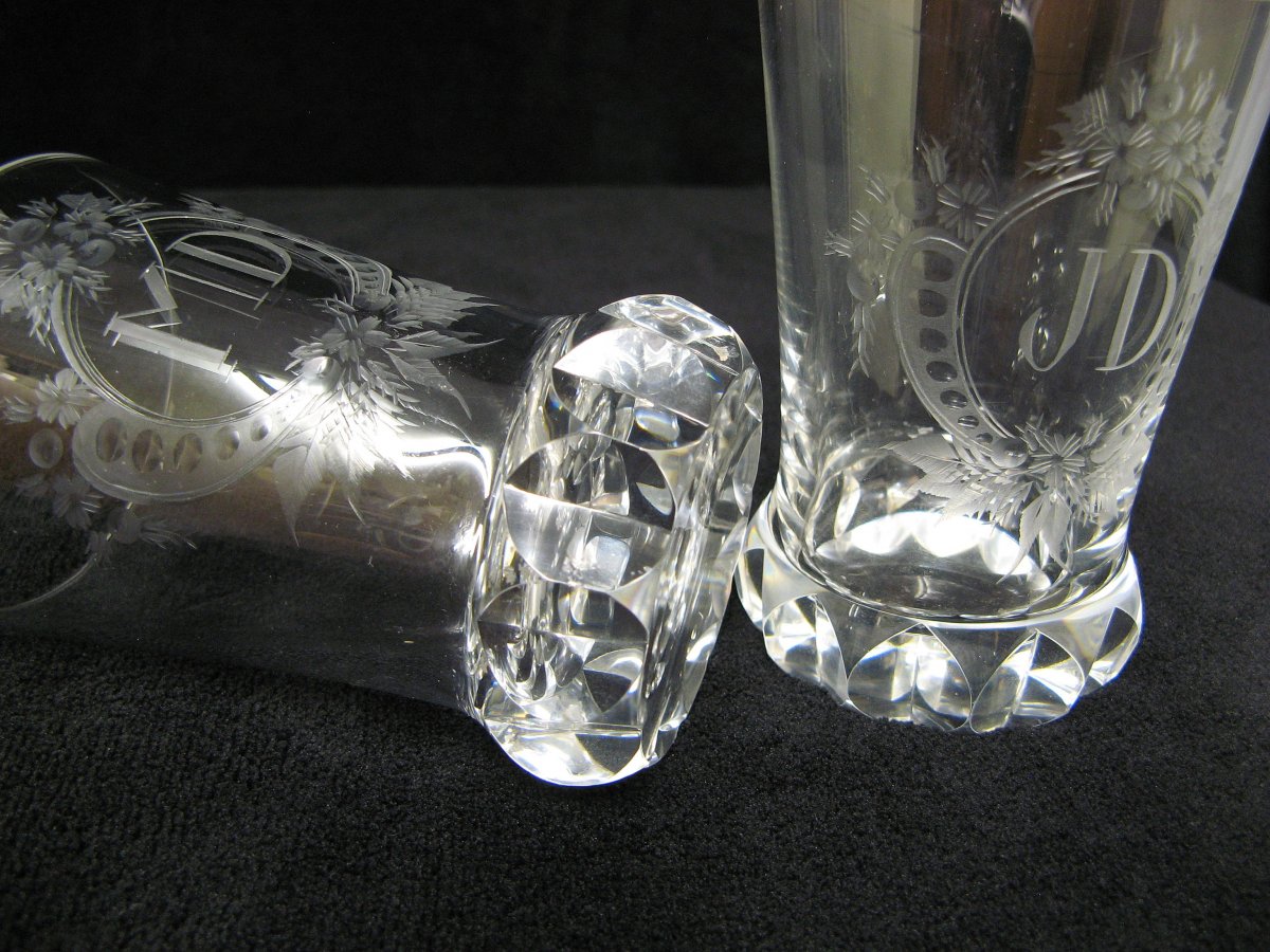 Verres De Mariage En Cristal Gravé XIXe.-photo-1