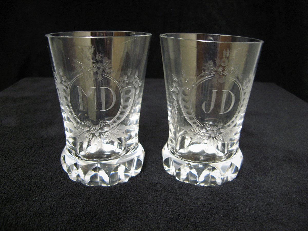 Verres De Mariage En Cristal Gravé XIXe.