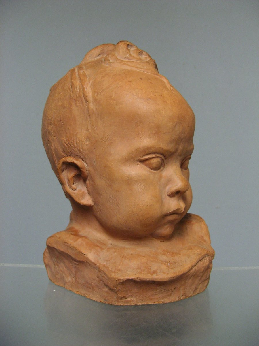Terracotta Baby Head Signed Honoré Sausse.-photo-2