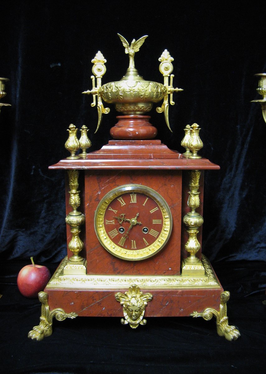 Richond Benoît Félix. Fireplace Trim, Pendulum And Pair Of Napoleon III Candelabra.-photo-2