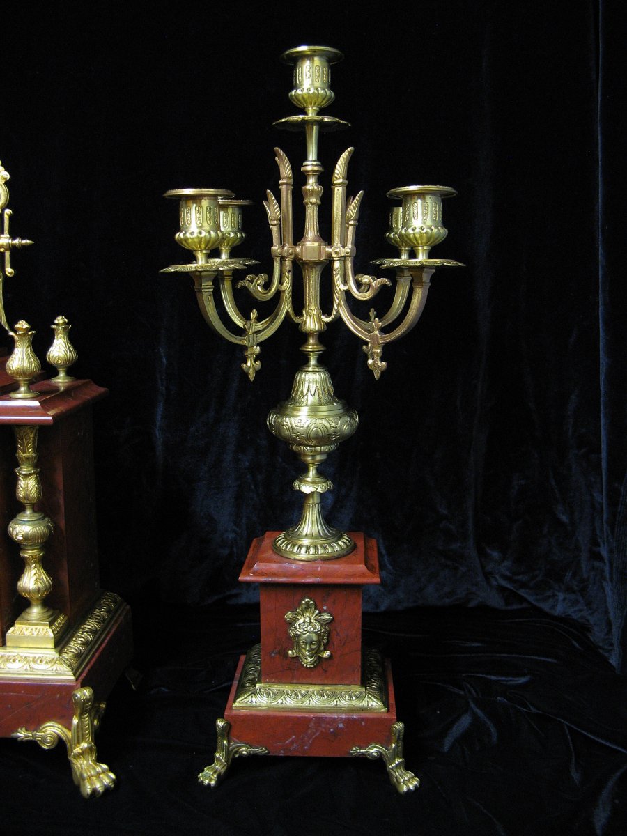 Richond Benoît Félix. Fireplace Trim, Pendulum And Pair Of Napoleon III Candelabra.-photo-2