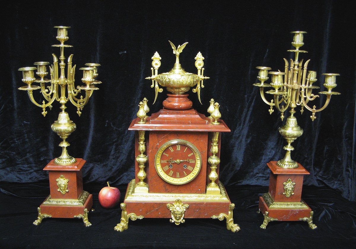 Richond Benoît Félix. Fireplace Trim, Pendulum And Pair Of Napoleon III Candelabra.