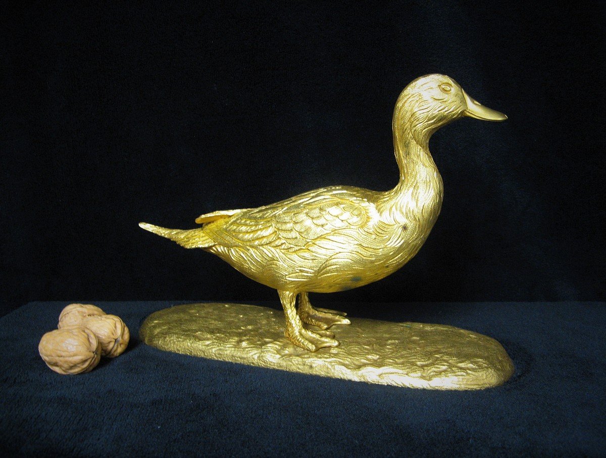 Animal Bronze. Mallard Duck. Gilt Bronze Early 20th Century. Hunt.-photo-3