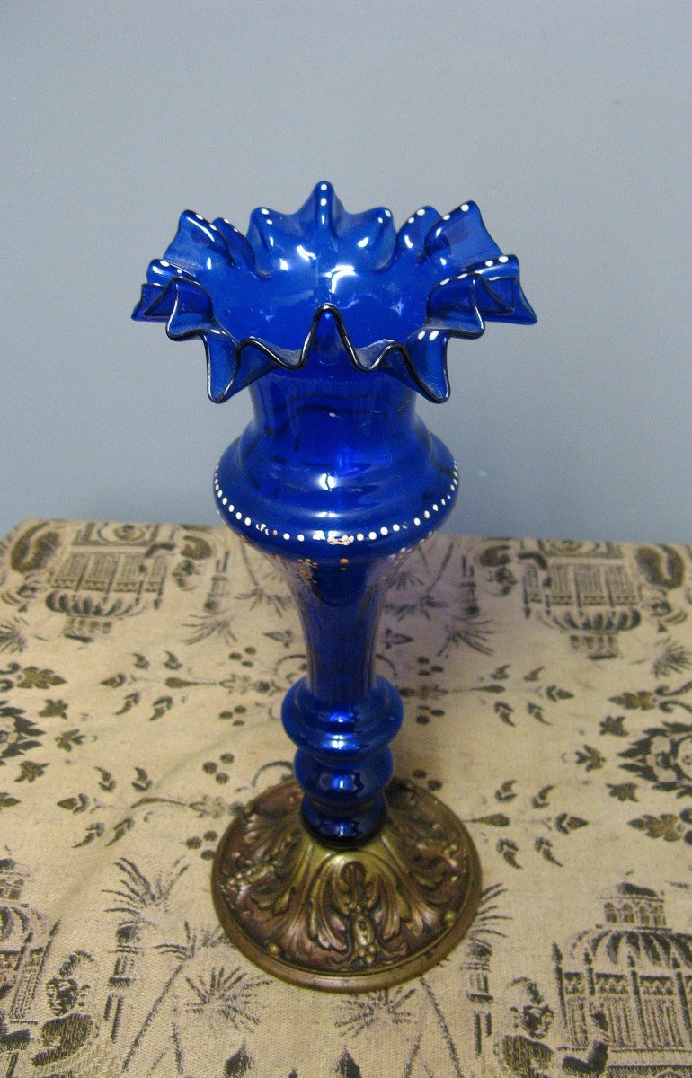 Vase Cornet Verre Bleu Cobalt XIXe. Soliflore-photo-3