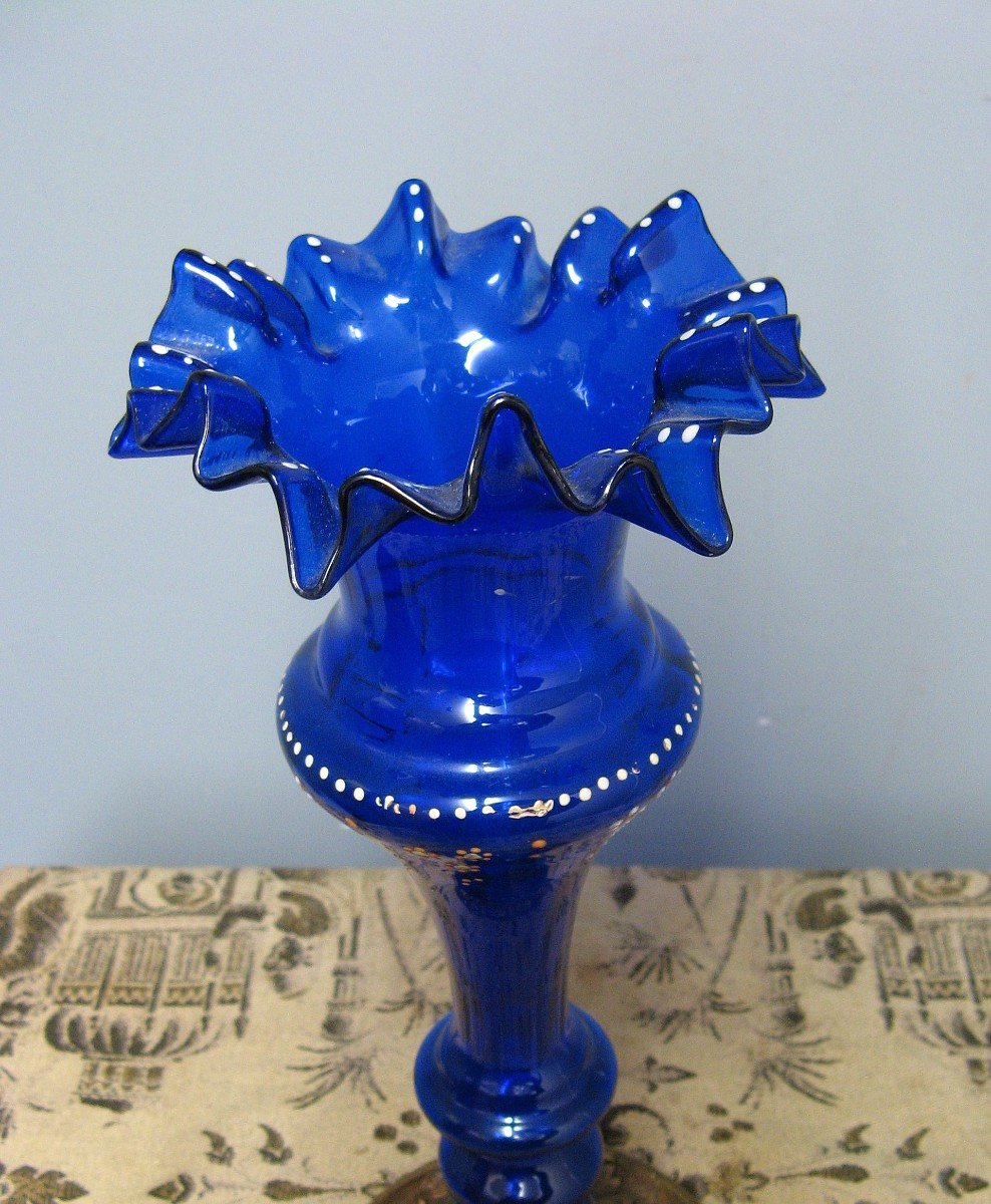 Vase Cornet Verre Bleu Cobalt XIXe. Soliflore-photo-4