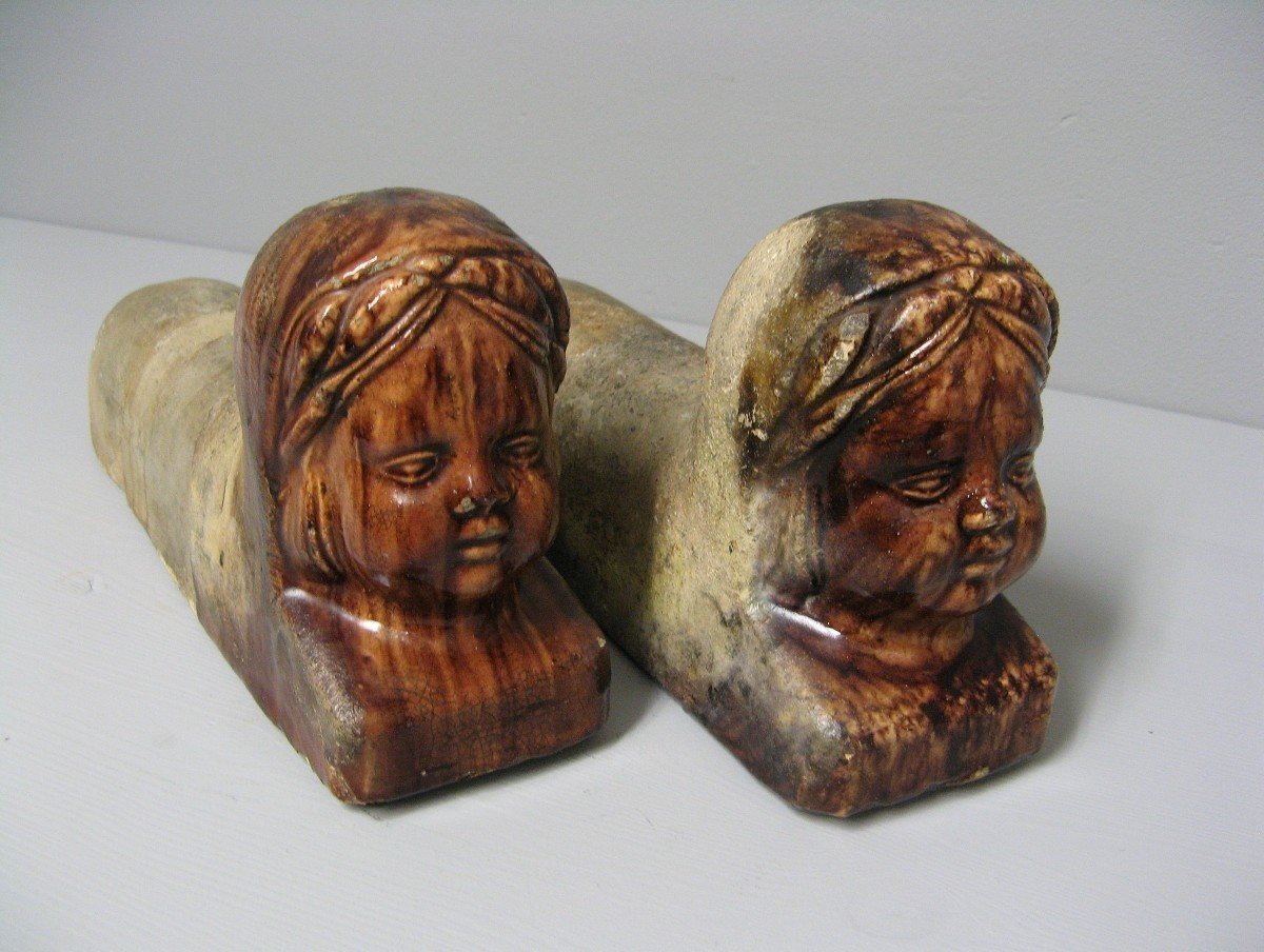 Rare Pair Of Andirons In Glazed Terracotta. Folk Art.-photo-3