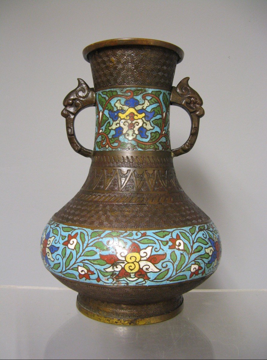  Vase  En Bronze Et émaux Cloisonnés Japon 19e Siècle.-photo-2