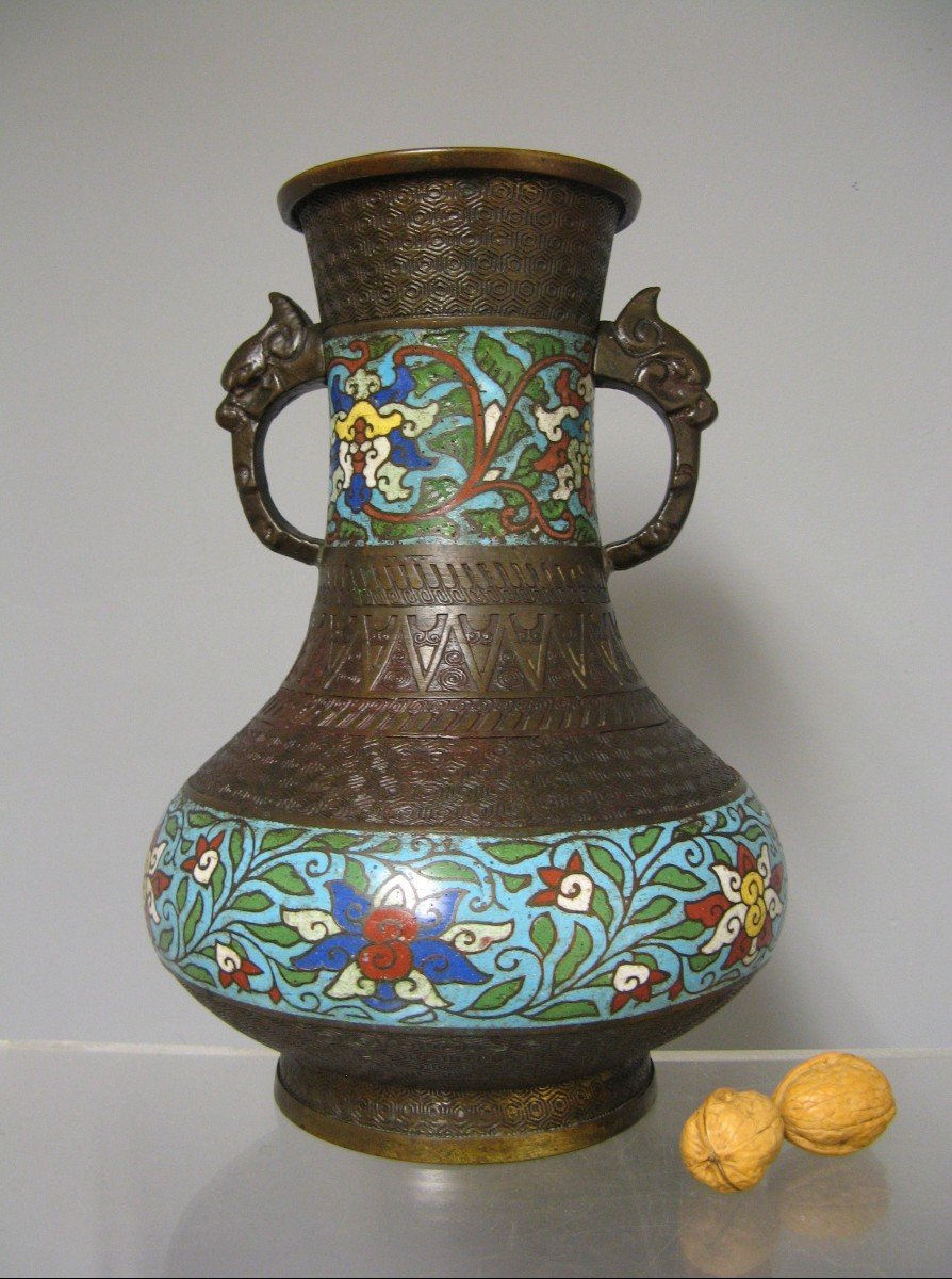  Vase  En Bronze Et émaux Cloisonnés Japon 19e Siècle.-photo-1