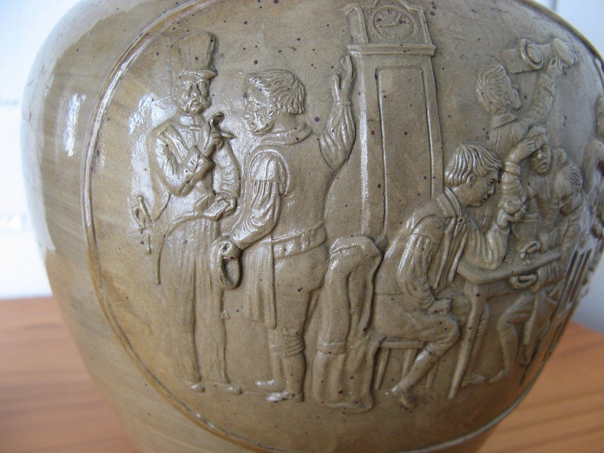 Pitcher In Sandstone Lid In Pewter Nineteenth. Tavern Scene-photo-2