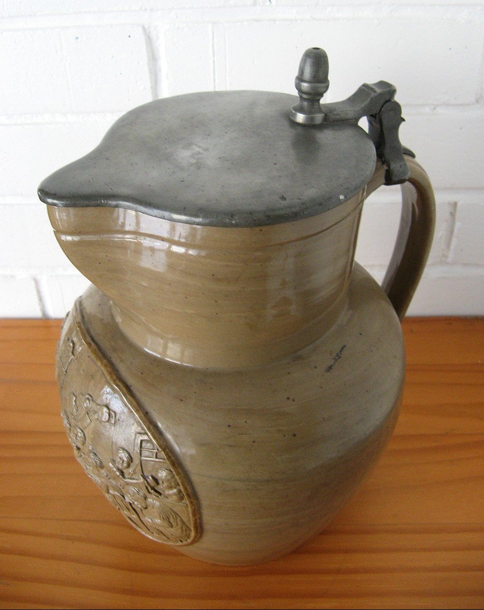 Pitcher In Sandstone Lid In Pewter Nineteenth. Tavern Scene-photo-3