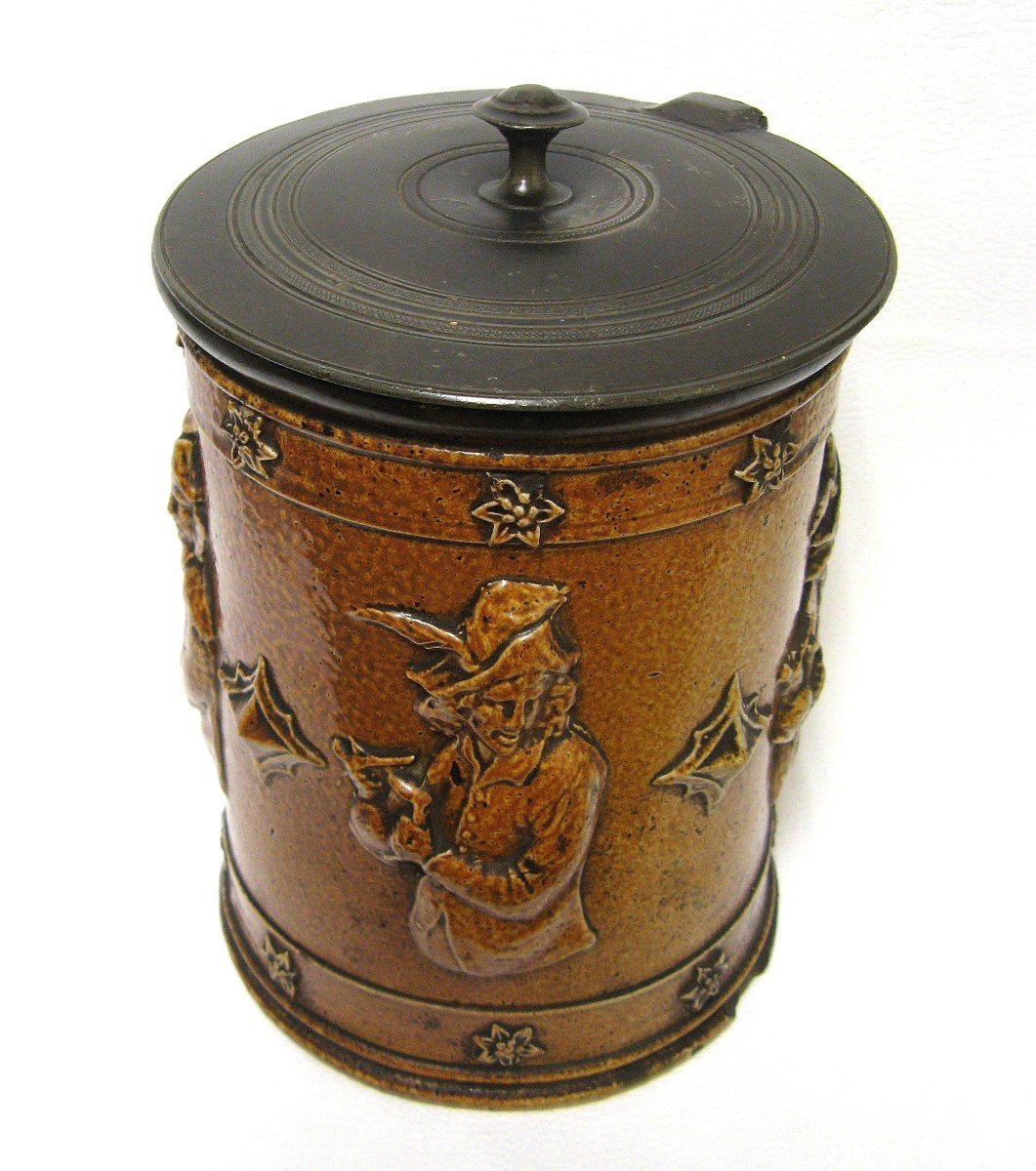 Large 19th Century Tobacco Pot In Sandstone And Pewter Lid.-photo-1