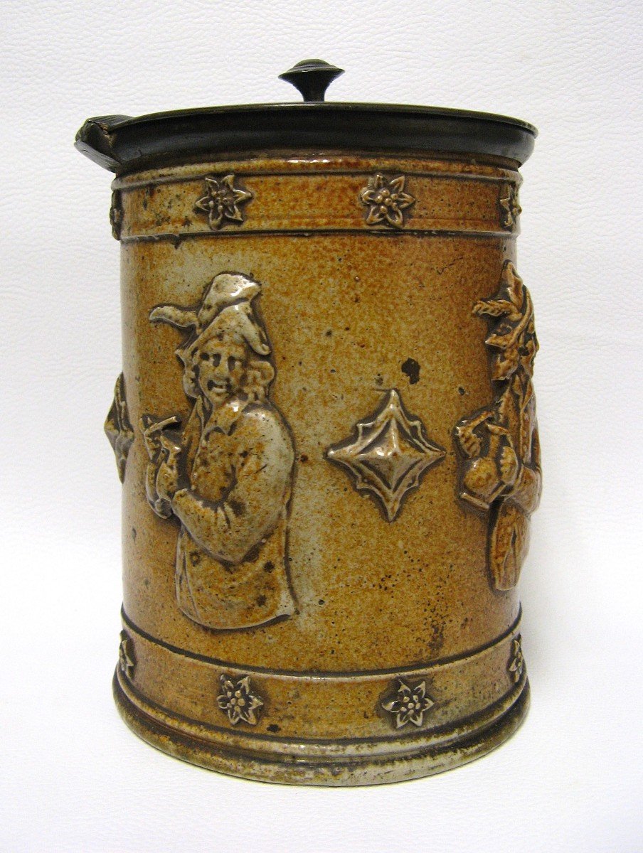 Large 19th Century Tobacco Pot In Sandstone And Pewter Lid.