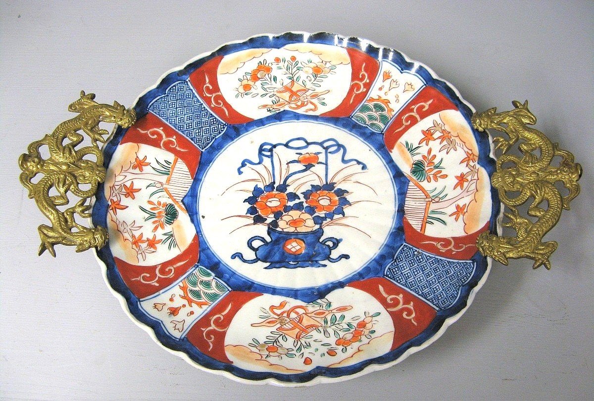 Grande Coupe Porcelaine Imari Fleurs Dragons Laiton Bronze Doré Japon XIX E.-photo-3