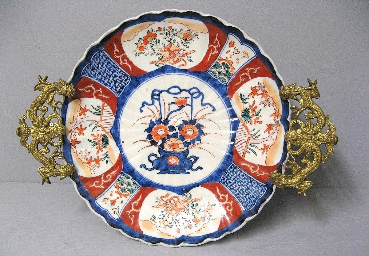 Grande Coupe Porcelaine Imari Fleurs Dragons Laiton Bronze Doré Japon XIX E.-photo-3