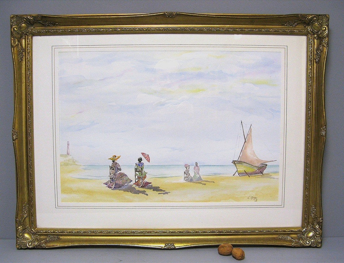 Grande Aquarelle Bord De Mer. Signée. Peintre De La Marine.