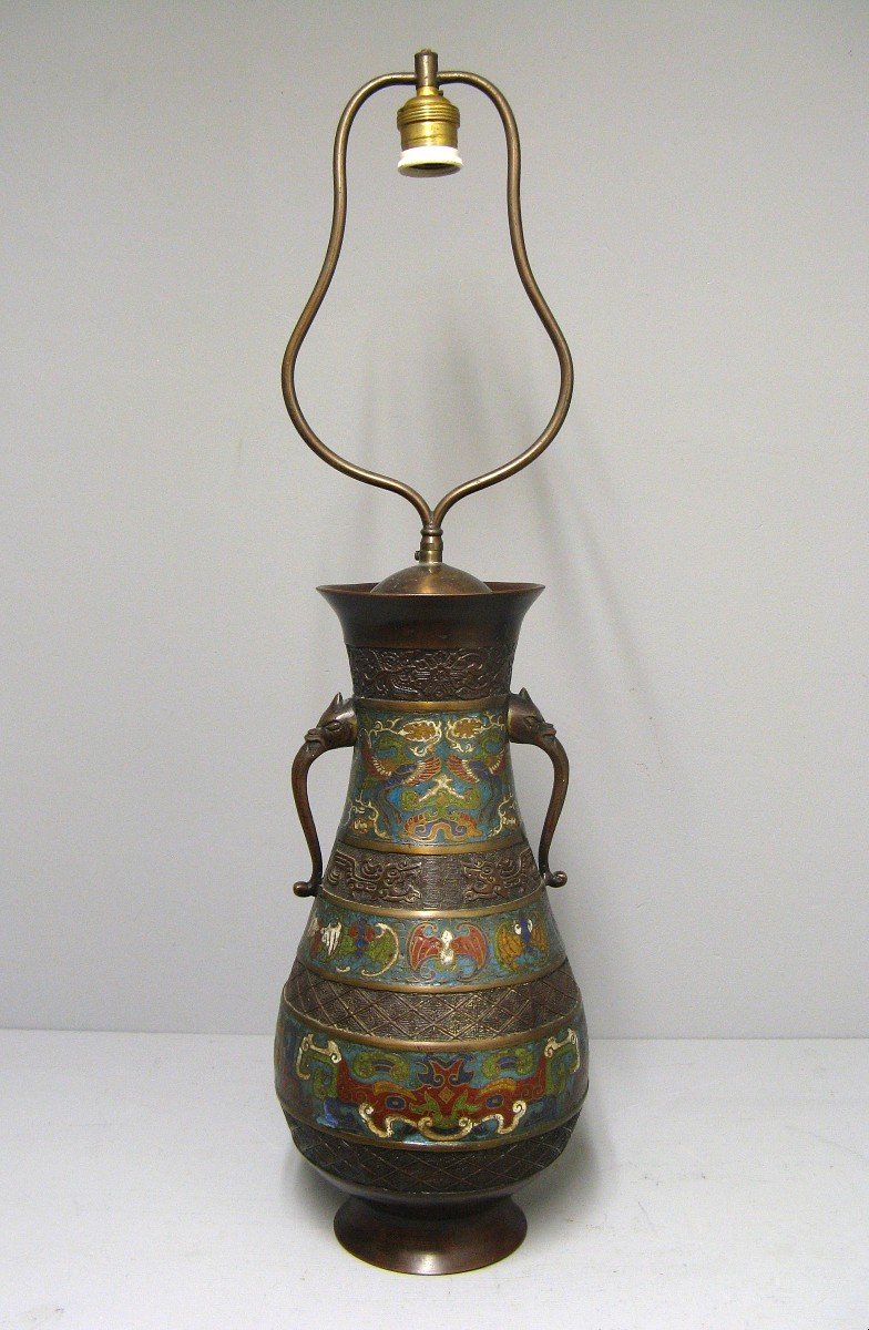 Nineteenth China Cloisonne Bronze Vase Mounted As A Lamp.-photo-4