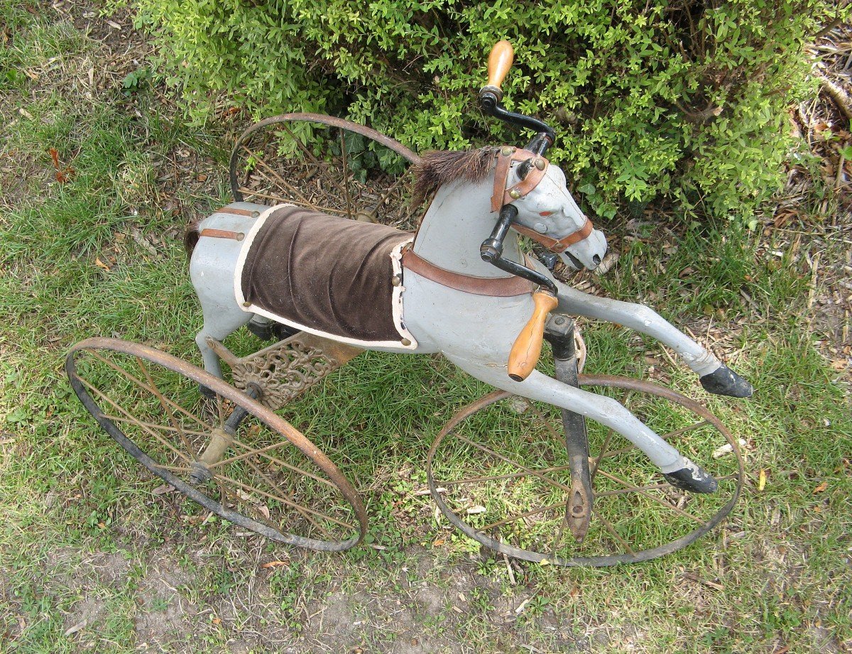 Cheval Tricycle D’enfant à Manivelle Fin XIX E. Jouet Ancien.-photo-2