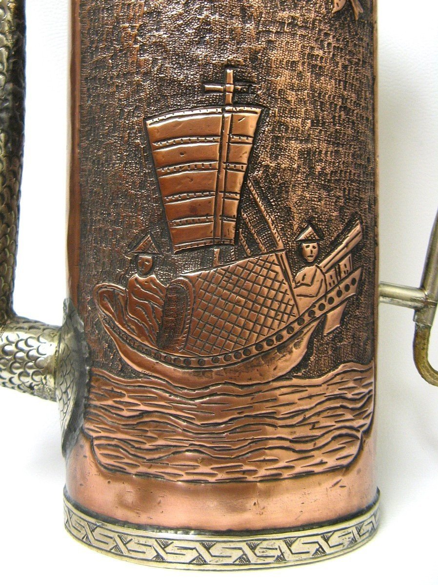 Copper And Silver Teapot Jug With Chiselled Decor. China Early Twentieth.-photo-1