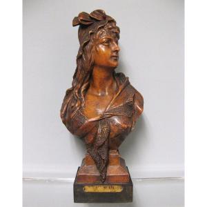 Art Nouveau Bust Of Young Woman In Terracotta Around 1900.