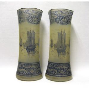 Pair Of Seaside Vases With Dutch Decor 1900.