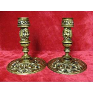 Pair Of Bronze Candlesticks With Mascaron And Fleur De Lys Nineteenth.