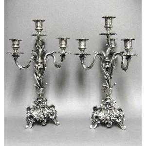 Pair Of Rocaille Silver Bronze Candelabra. Louis XV Style.