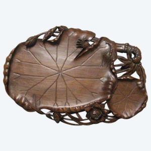 Indochina Nineteenth Large Tray In Carved Wood  Water Lily Flowers.