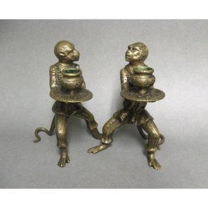 Pair Of Bronze Candlestick Animal Subject Savant Monkeys.