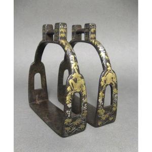  Paire d'étriers En Fer Damasquiné XIXe.
