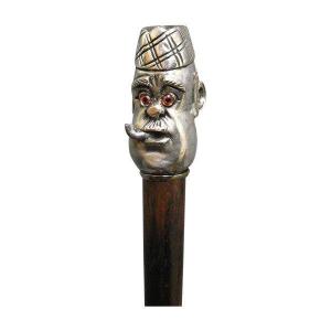Walking Cane Silver Metal Handle. Scottish Head In Caricature.