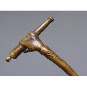Canne d'Opinion En Buis Sculpté XIXe.