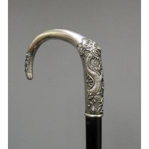 Cast Silver Cane, Chiseled, With Dragon. Ebony Shaft. China Or Vietnam 19th Century.