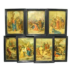 Sept Chromolithographies Religieuse Du Chemin De Croix XIXe.
