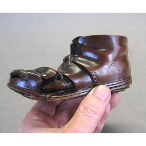 Chaussure De Maîtrise En Bois Sculpté Art Populaire Fin XIXe.