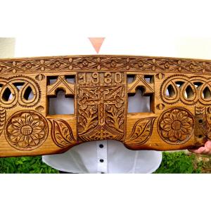 Dated Carved Wooden Ox Yoke. Spanish Folk Art, 20th Century.