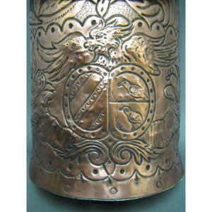 19th Century Repoussé Copper Grain Measure Decorated With Castle Coat Of Arms.