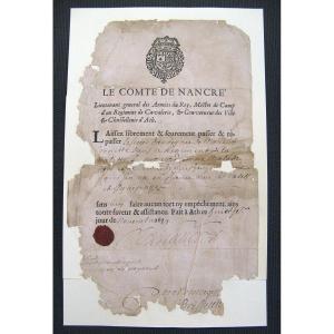 Sauf-Conduit 17e Du Comte De Nancré châtellenie d'Ath comté Du Hainaut. Louis XIV.