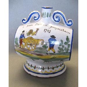 Nevers Earthenware Water Bottle Bearing A Family Name, Late 18th Century.