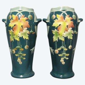Pair Of Large Art Nouveau Vase In Barbotine. Jugenstil.