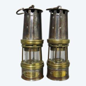 Pair Of Lamps Of Dufrane Miner Castiau Of Reconnaisance.