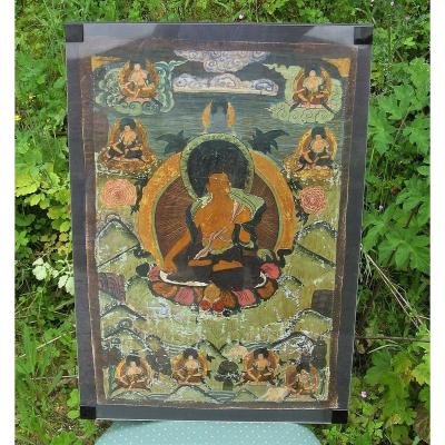 Tangka Tibet XIXe. Bouddha Peinture Sur Toile.