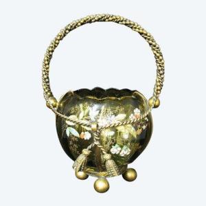 Enamelled Glass Cup Golden Brass Frame. Art Nouveau