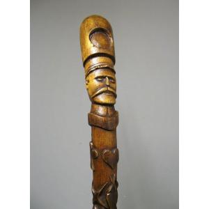Folk Art Cane In Carved Wood.