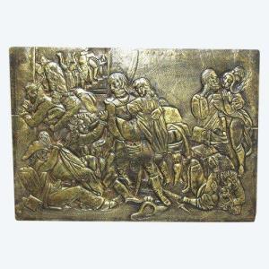 PLAQUE EN BRONZE REPRÉSENTANT UNE SCÈNE ÉROTIQUE, SOLDATS DE LA GRANDE ARMÉE, XIXème SIÈCLE.