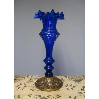 Vase Cornet Verre Bleu Cobalt XIXe. Soliflore
