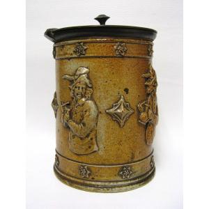 Large 19th Century Tobacco Pot In Sandstone And Pewter Lid.
