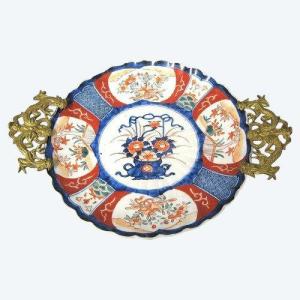 Grande Coupe Porcelaine Imari Fleurs Dragons Laiton Bronze Doré Japon XIX E.