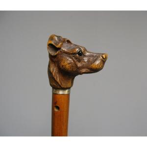 Cane With Carved Dog Head Knob.